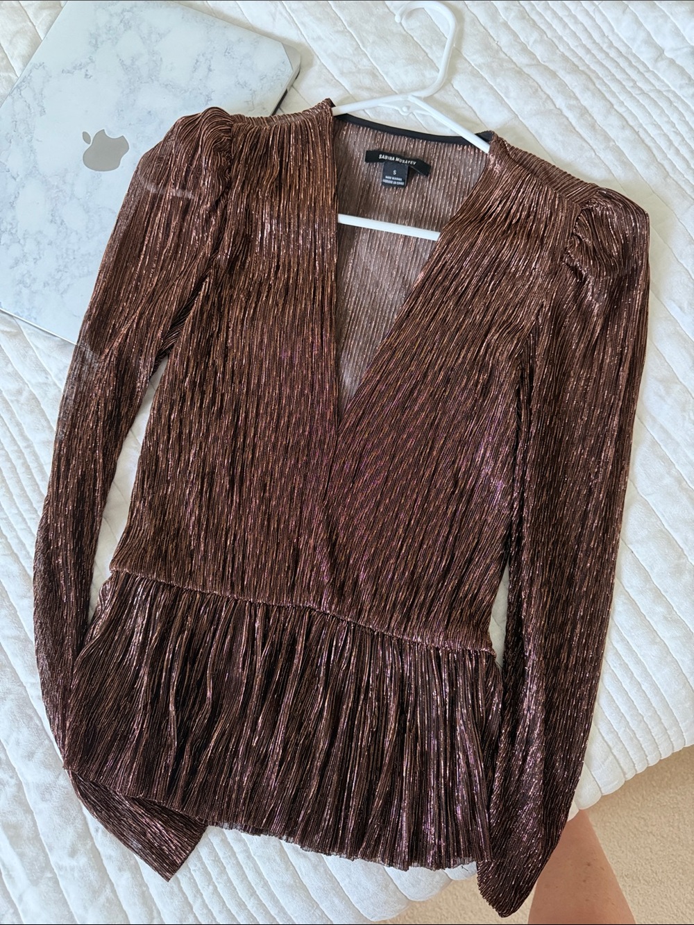 Sabina Musayev Shimmery Bronze V-Neck Pleated Top